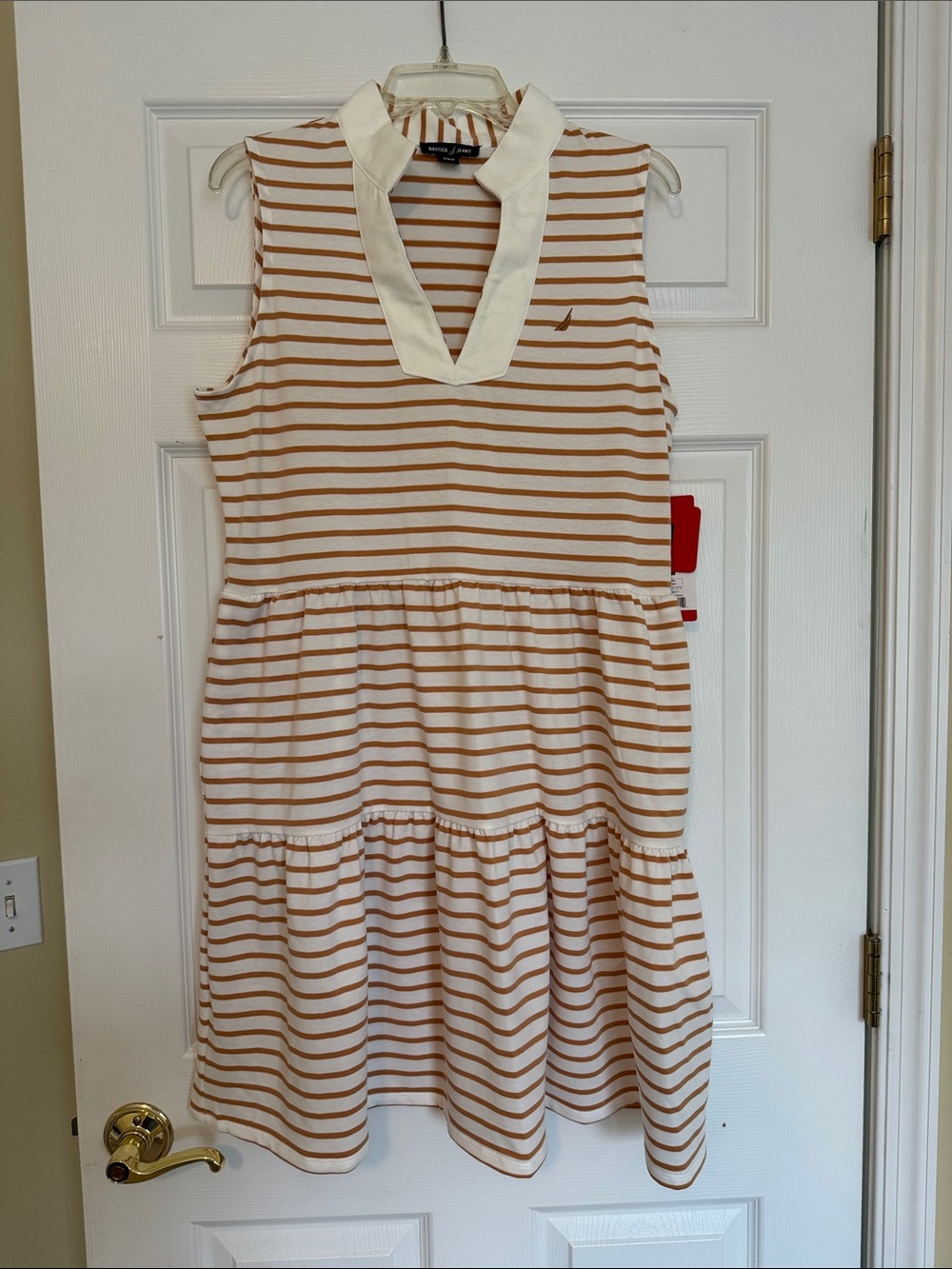 Sleeveless Striped Women’s Dress with Collar - Cream & Brown